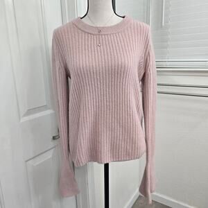Madewell Pale Pink Wool Blend Ribbed Sweater Sz S Crew Neck Soft Flared Sleeves